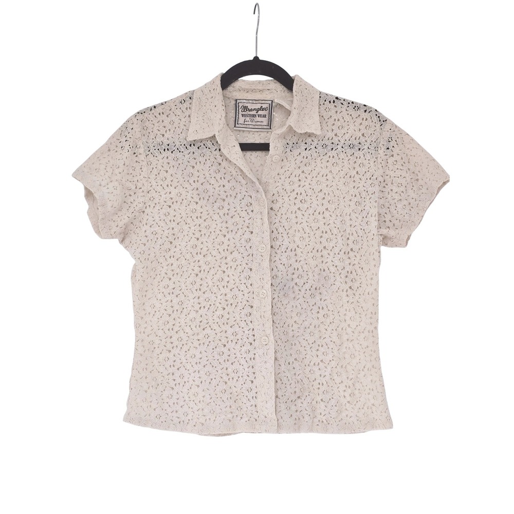Vintage Wrangler Western Wear Cream Floral Lace Short Sleeve Button Down Shirt L